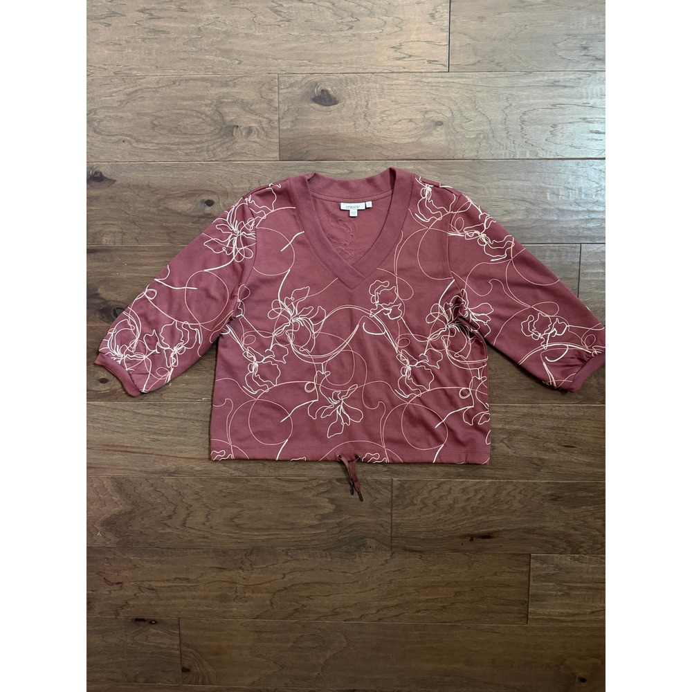Chico's Rose Floral Embroidered V-Neck Sweatshirt 3/4 Sleeve Drawstring Size 2 L